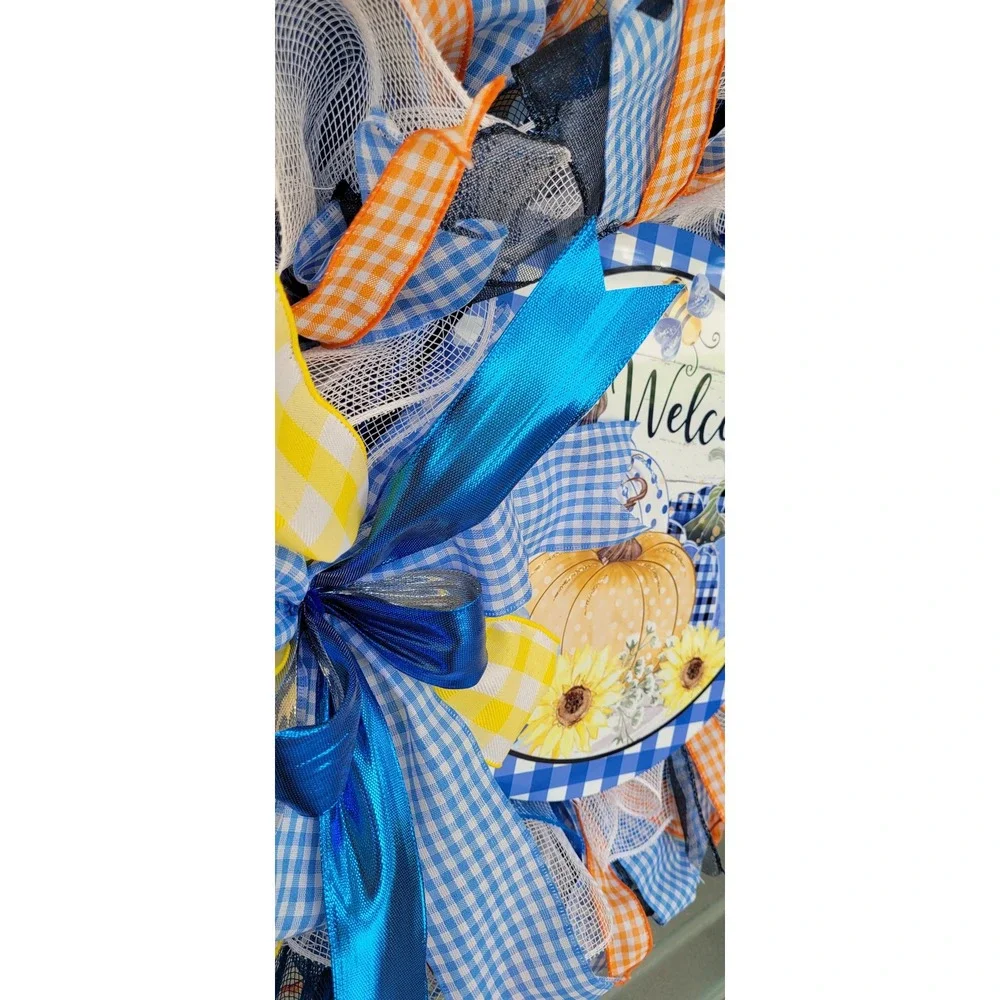 Sunflower Pumpkin Welcome Blue Orange Sunflower Pancake wreath  Holiday decor